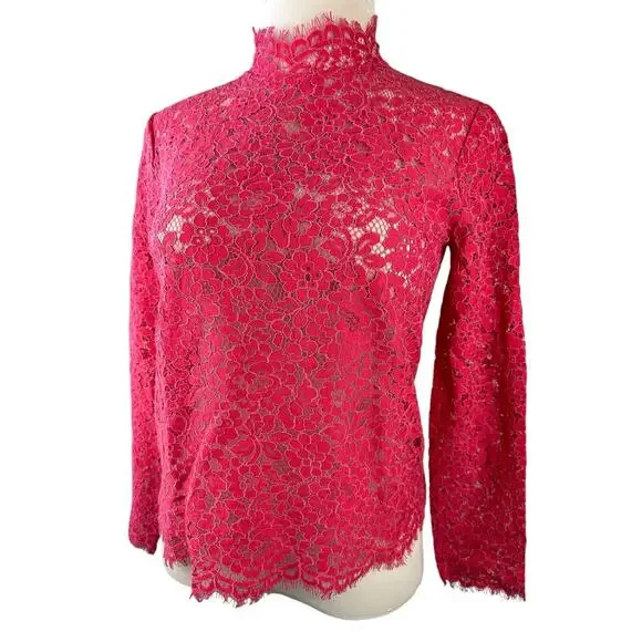 J. Crew Scalloped Lace Mock Neck Long Sleeve Sheer Top BN027 Pink Women's Size 6 - Picture 5 of 16